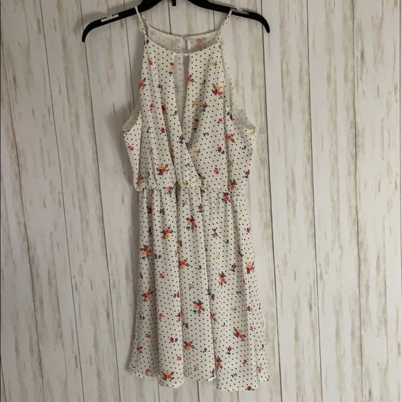 Lush White Floral Polka Dot Mini Dress‎ High Neck Wrap Chiffon - Picture 1 of 7
